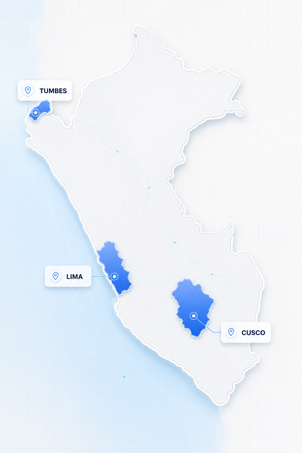 Mapa del Perú con presencia en Lima, Tumbes y Cusco
